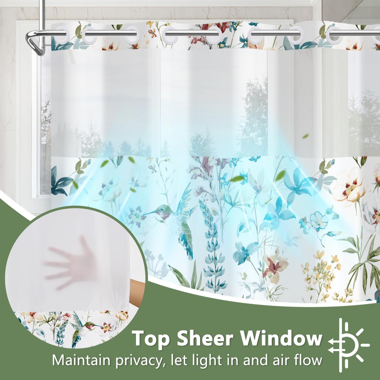Colorful Floral Shower Curtain with Snap in Liner, Waterproof Double Layers No Hook Shower Curtain and Weighted Hem, Aesthetic Watercolor Wildflower Botanical Farmhouse Bathroom Curtains, 71x74 Inch