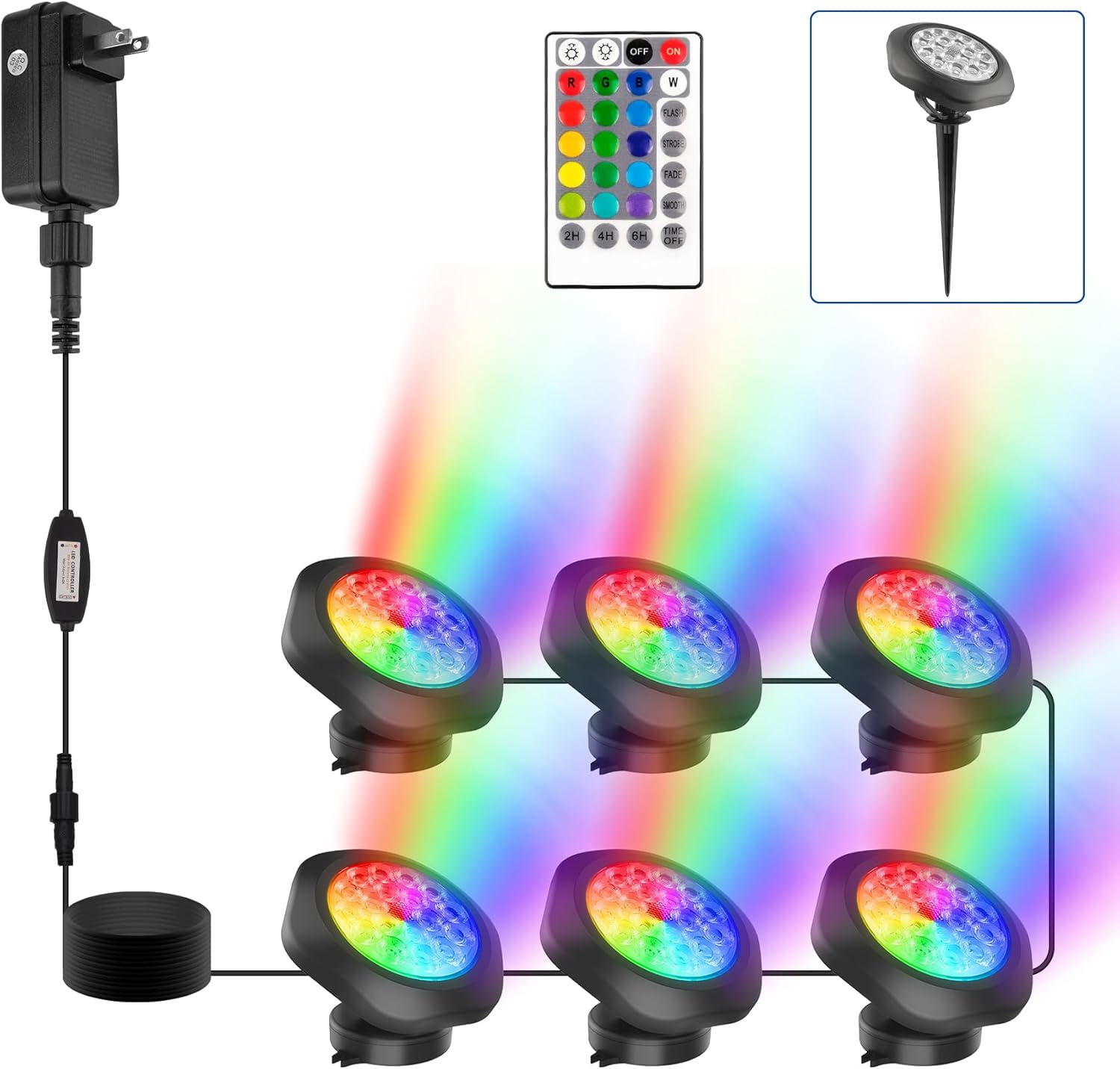 RGBW Pond Lights with Timer, LED Underwater Submersible Fountain Light, Remote Control IP68 Waterproof Color Changing Landscape Spotlights for Fish Aquarium Tank Garden Yard Pool (Set of 6)