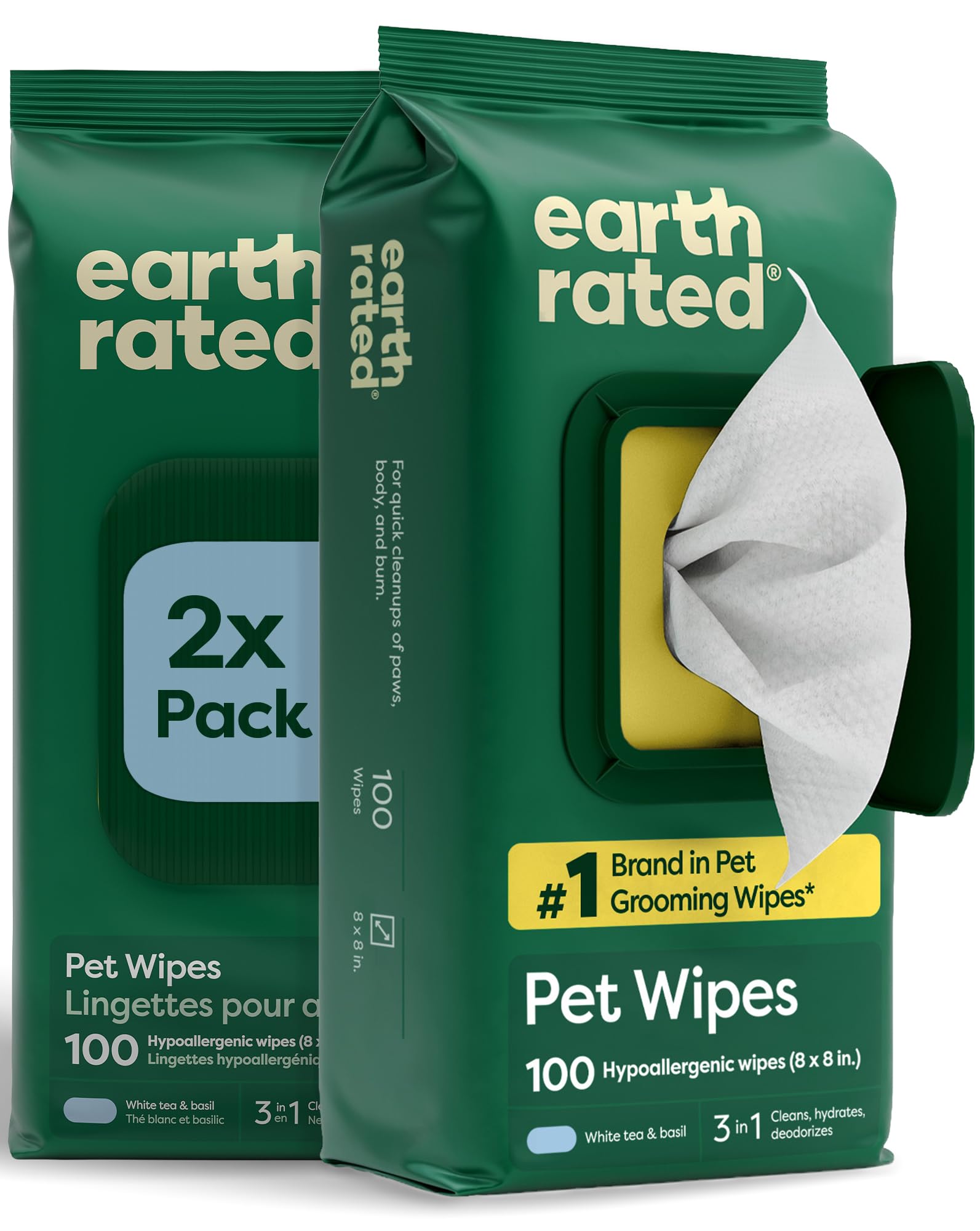 Earth Rated Lot de 200 lingettes désodorisantes pour pattes et fesses – Thé blanc et basilic – Pour chiens