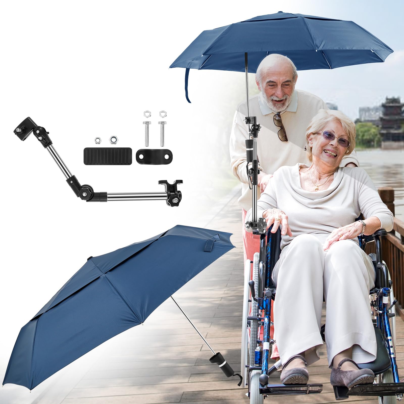 Rollstuhlschirm, 360° Verstellbarer Strandschirm mit Universalklemme, Faltbar Sonnenschutz Regenschutz,Wasserdicht Sonnenschirm,Regenschirm für Elektrische Rollstühle,für Terrasse und Strand