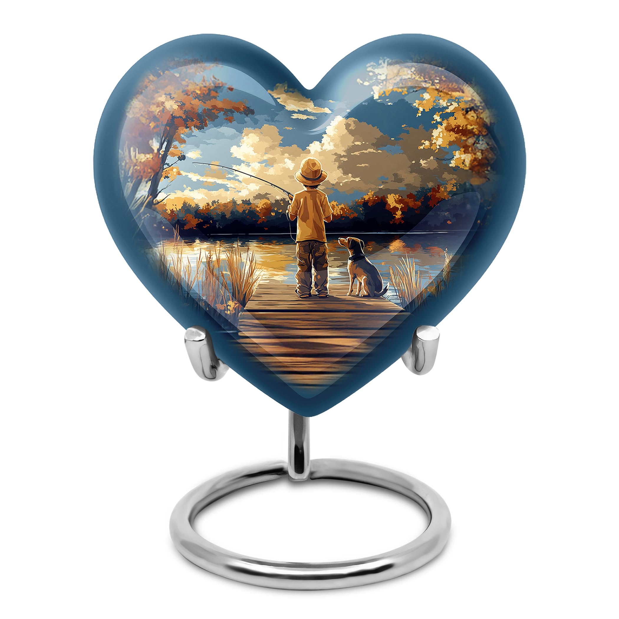 Fishing Adult Cremation Funeral Heart Urn for Human Ashes, Keepsake Memorial Gift, Beautiful Handcrafted Small Urns for Ash, Combo, Blue (10 Inch & 3 Inch Mini Set of 3)