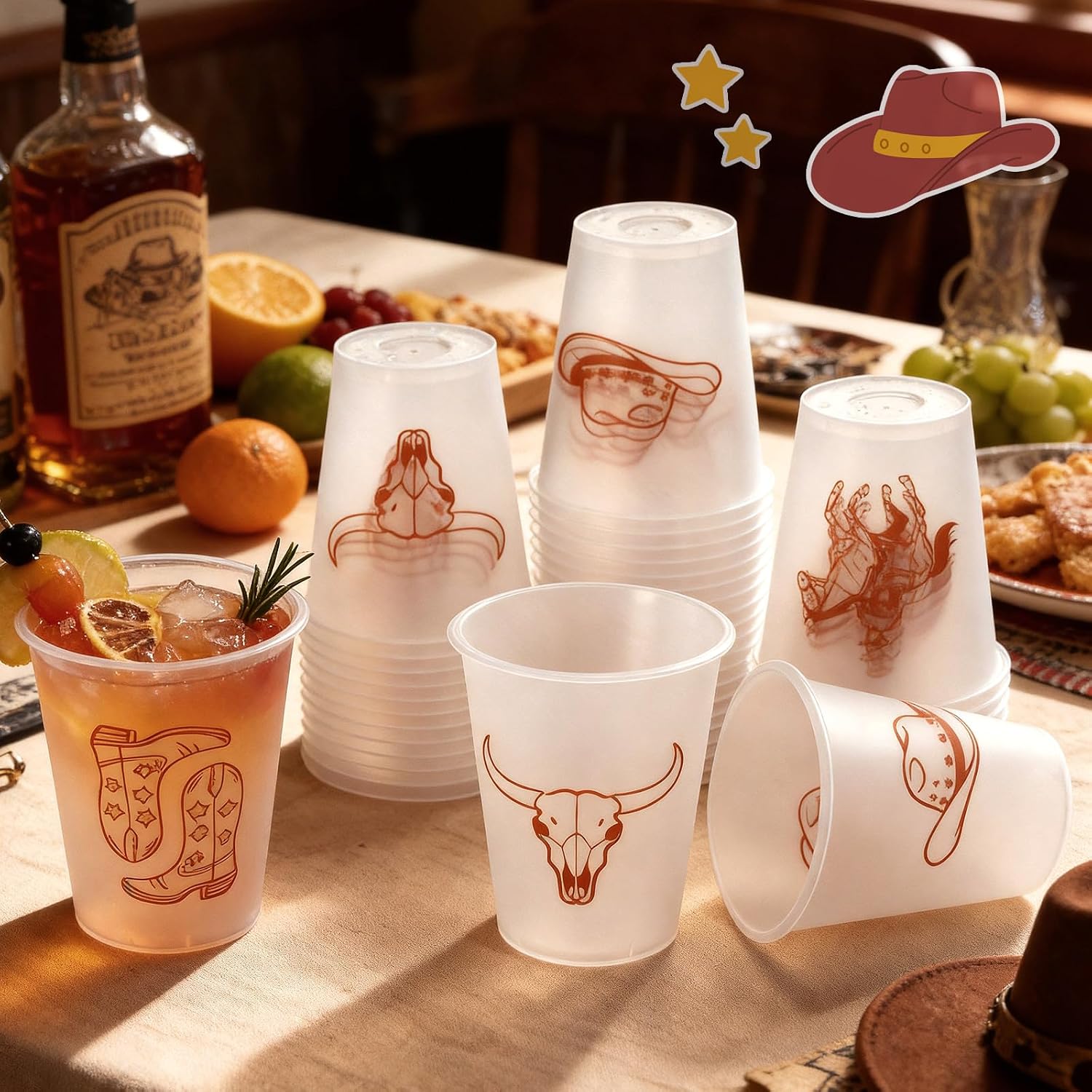 LemonRoad 48 Pcs Western Cowboy Plastic Cups Bulk 12oz Brown Cowboy Disposable Frosted Party Clear Cups for Drinking Western Themed Party Supplies Boho Preppy Rodeo Birthday Baby Shower Decorations
