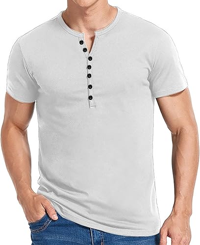 Miniatura 2 de Muscularfit Camisetas de algodón para hombre, estilo casual, holgadas, de manga corta, estilo Henley, ajuste regular, color sólido, con botones