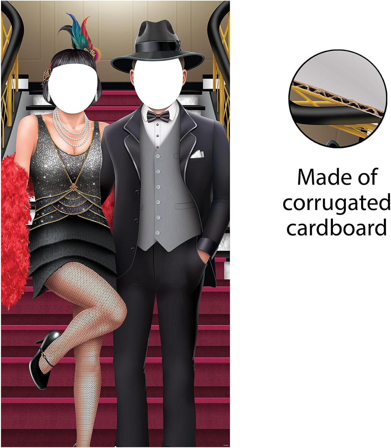 Beistle 20's Couple Photo Prop Stand-Up Vintage Roaring Twenties Party Decor, Flapper and Gentleman Design, Corrugated Cardboard with Easel, 6' 1" x 3' 1.5", Black/Red/Multi