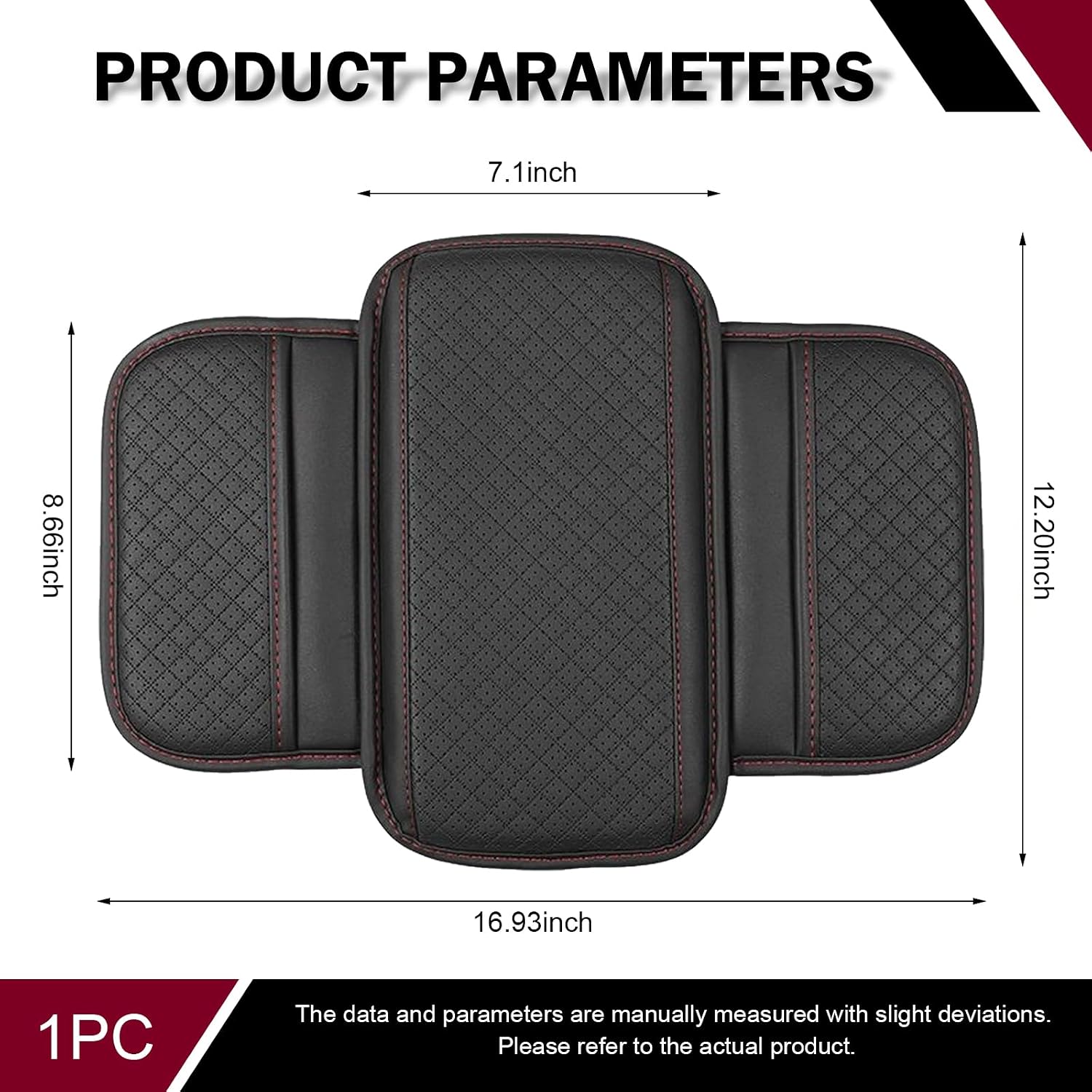 Car Center Console Cover, Perforated Leather Armrest Cushion with 2 Storage Bags, Plaid Arm Rest Box Pad, Car Armrest Storage Box Interior Accessories for Most Vehicles (Black & Red) image 2