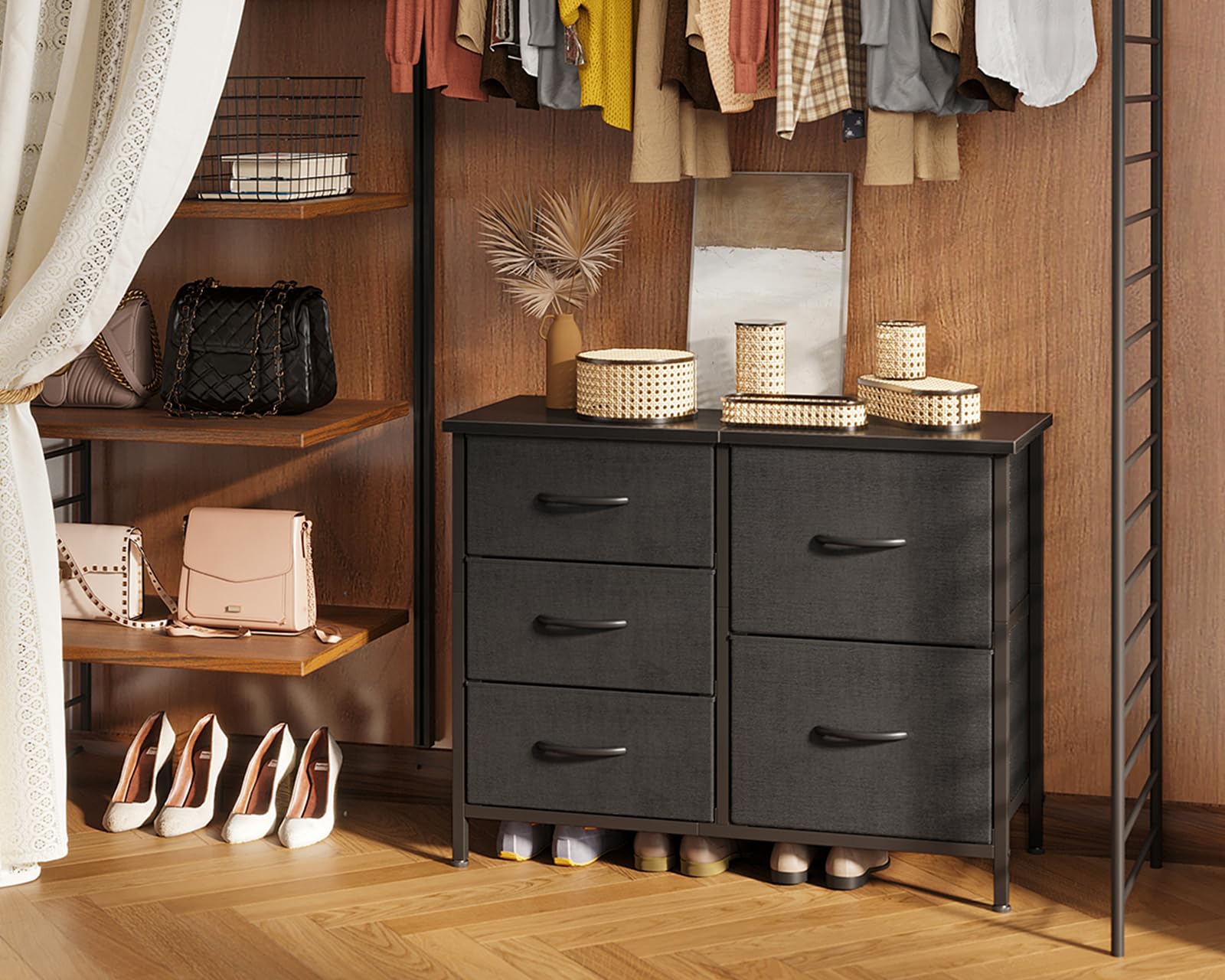 Coleshome Kommode mit 5 Stoffschubladen, Kommode mit Schubladen mit 2 Große und 3 Kleine, Holzplatte Robustem Stahlrahmen, Geeignet für Schlaf- und Wohnzimmer, 76 x 29 x 60cm, Schwarz