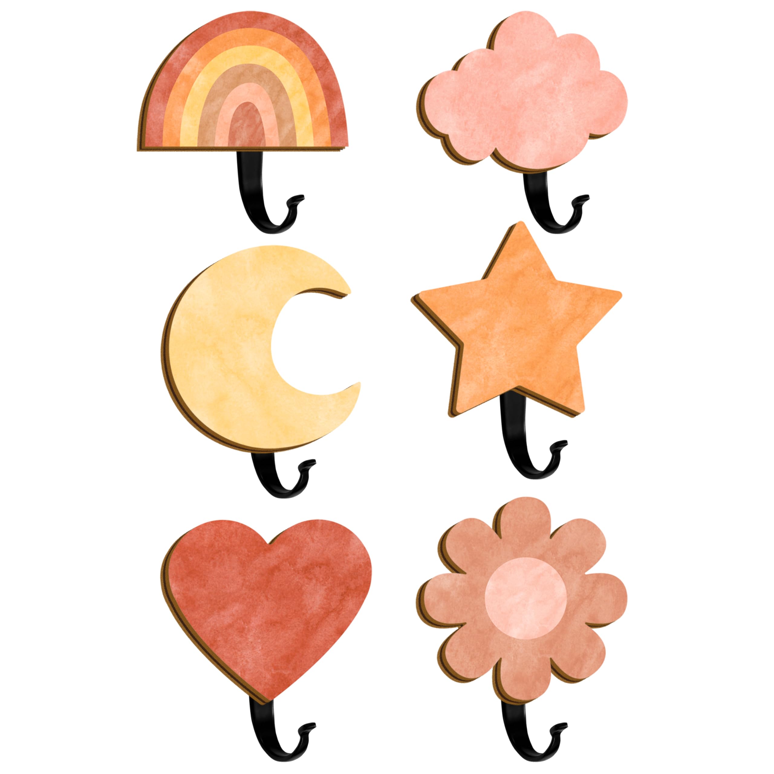 6Pcs Boho Wooden Wall Hooks Kids Coat Rack Hook Cute Coat Hooks Hanging Decorative Clothes Key Hat Hanger Nursery Wall Mounted Coat Hook for Kids Room Bedroom Bathroom Home Decor