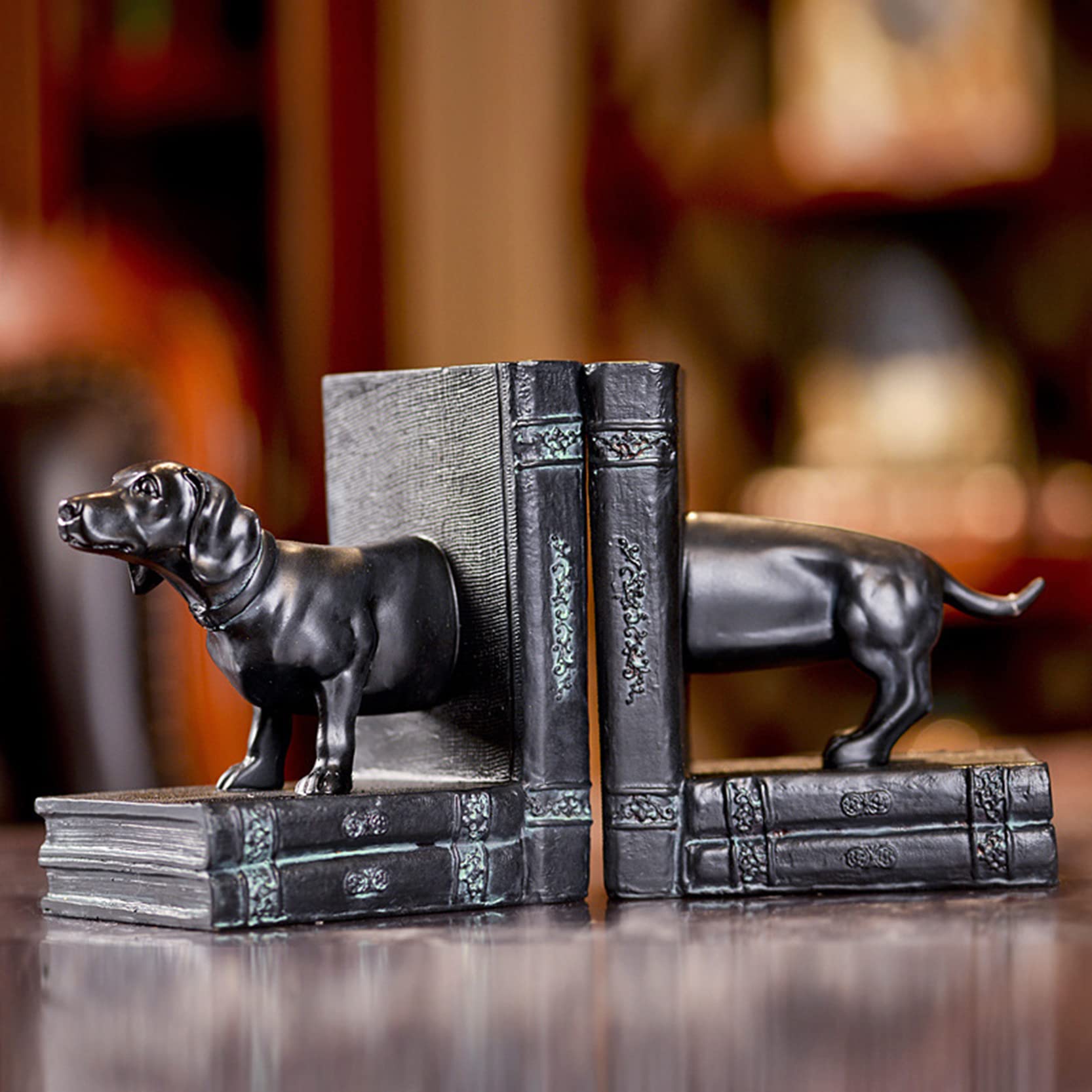 Fermalibri Decorativi Cane da Compagnia in Resina,Scaffale per Libri Antiscivolo per impieghi gravosi Fermalibri ordinati,dell'ufficio della Biblioteca di archiviazione retrò Europea,Black