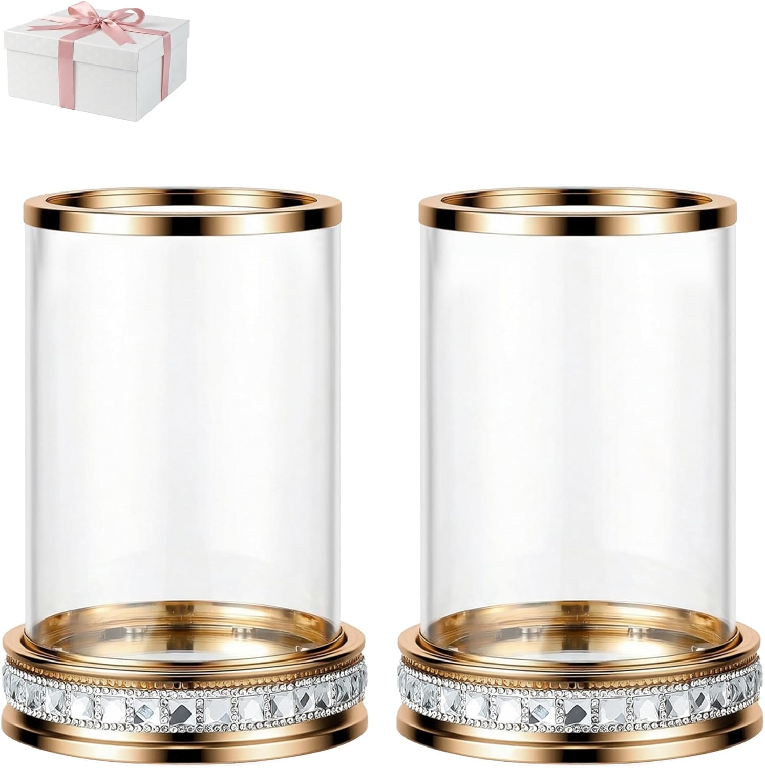 2pcs Hurricane Candle Holder, Pillar Candle Holders with Clear Glass Sleeve, Small Crystal Lantern for Fall Thanksgiving Christmas Holiday Dining Table Centerpiece (Gold)
