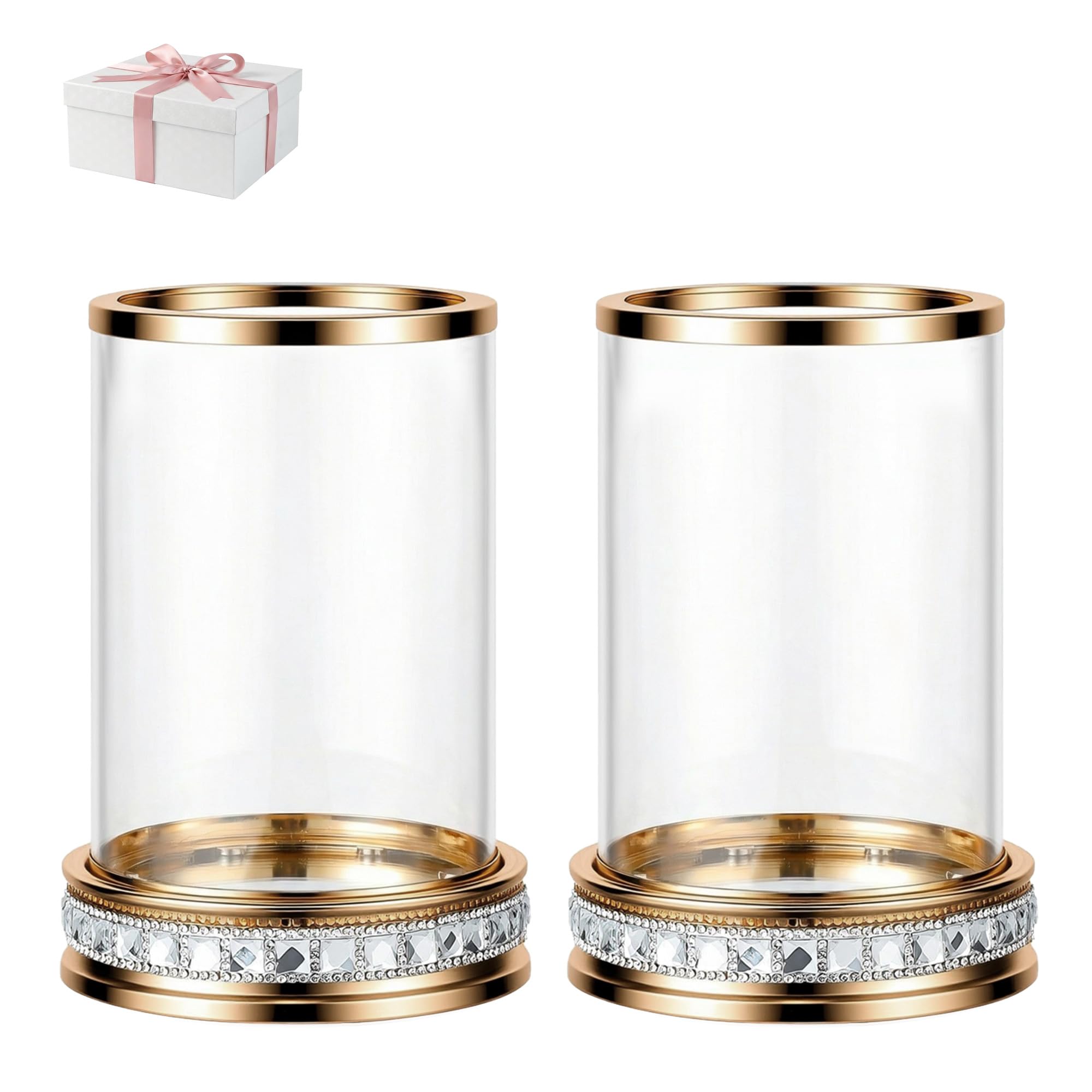 Pillar Candle Holder with Glass Wind Proof, Metal Hurricane Holders, Crystal Candle Stand for Table Centerpieces, Home Decor, Wedding, Dining Table (Gold)