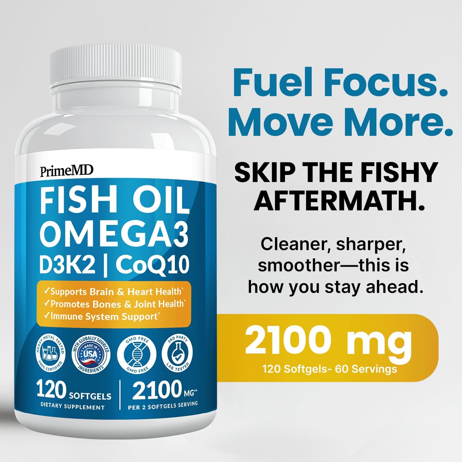 5-in-1 Fish Oil Omega 3 Fatty Supplements (2100mg) - Omega 3 Fish Oil with Vitamins D3 K2 and CoQ10 - Lemon Flavored (120 softgels, Pack of 3)
