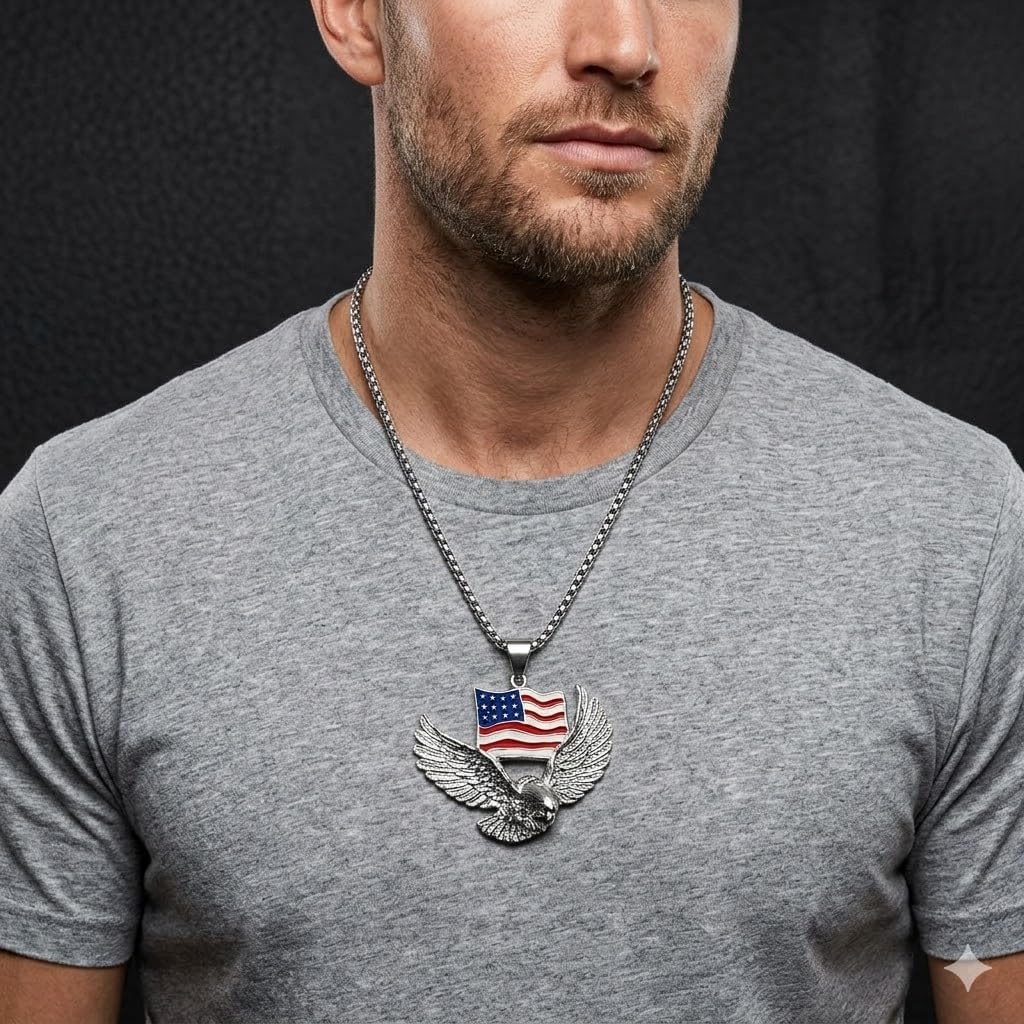 SUPAC Mens Majestic Silver Eagle with American Flag Pendant Necklace - A Bold Hip Hop Jewelry Statement, Symbol of Freedom and Unmatched Style (Silver) image 2