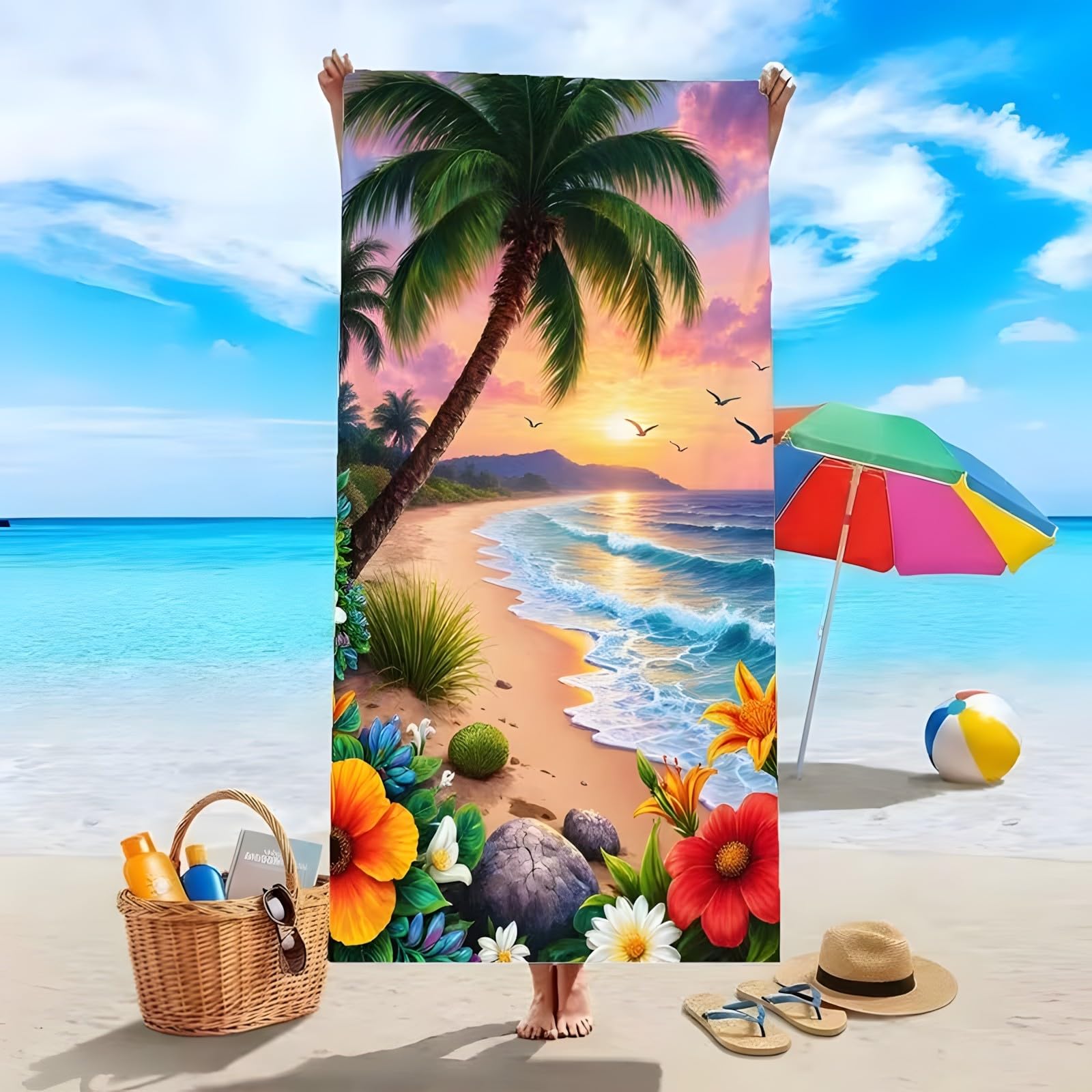 YZQGLHP Coconut Tree Microfibre Beach Towel Beach Beach Bath Towel Quick Drying, Lightweight, Sand-Free, Durable, for Pool, Gym, Camping, Travel Towel 90x200cm