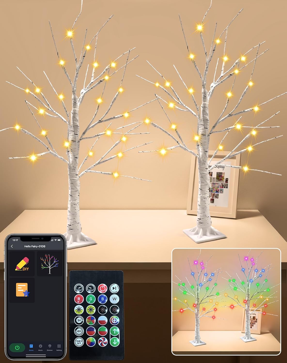 6FT Smart LED Birch Tree - Color Changing Lighted Tree with Bluetooth App Control, 16 Million Colors, Music Sync, Timer, Indoor/Outdoor Patriotic Decor for 4th of July, Home, Party, Christmas