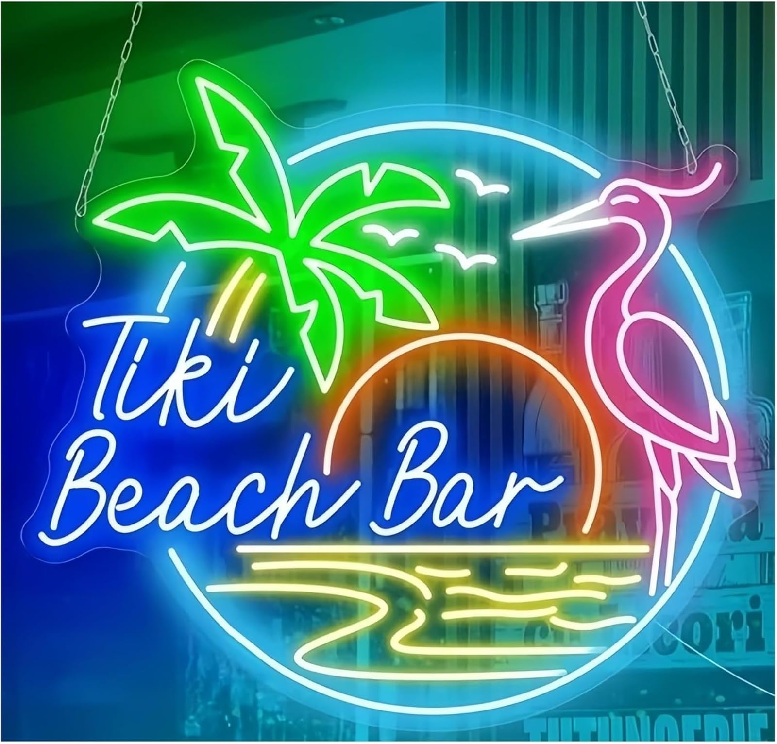 Wexxaii neon Light Sign Soothing Atmosphere Lamp Neon Sign Tiki Beach Bar, Parrot and Palm Tree, Outdoor Pool Decoration(E)