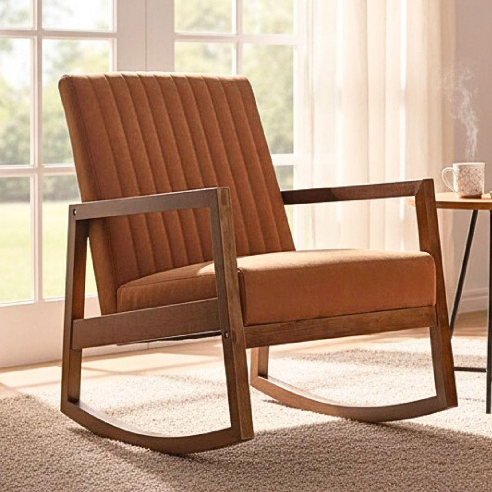 VESCASA Brown Faux Leather Rocking Chair with Channel-Tufted Back, Mid-Century Modern Comfy Rocker with Walnut Wood Frame for Nursery Living Room