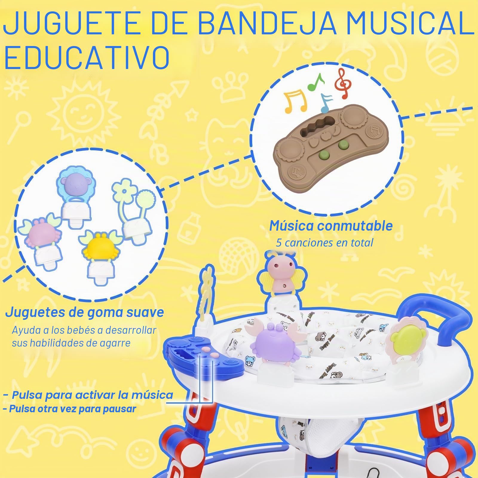 Andador Bebes 5in1,Tacata Bebe Plegable con Altura Música,Plegable Asiento Giratorio 360°, 6 Ruedas Silenciosas,Apto Para Niños y Niñas a Partir de 6 Meses,Azul