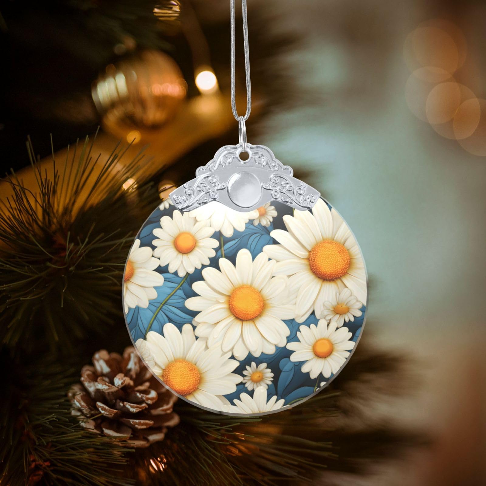 Crystal Christmas Ornaments for Christmas Tree Decoration Hanging Daisy Ornament with Gold Ribbon Crafts Round Pendant for Keepsake Gifts Glass Xmas Decor Party Supplies