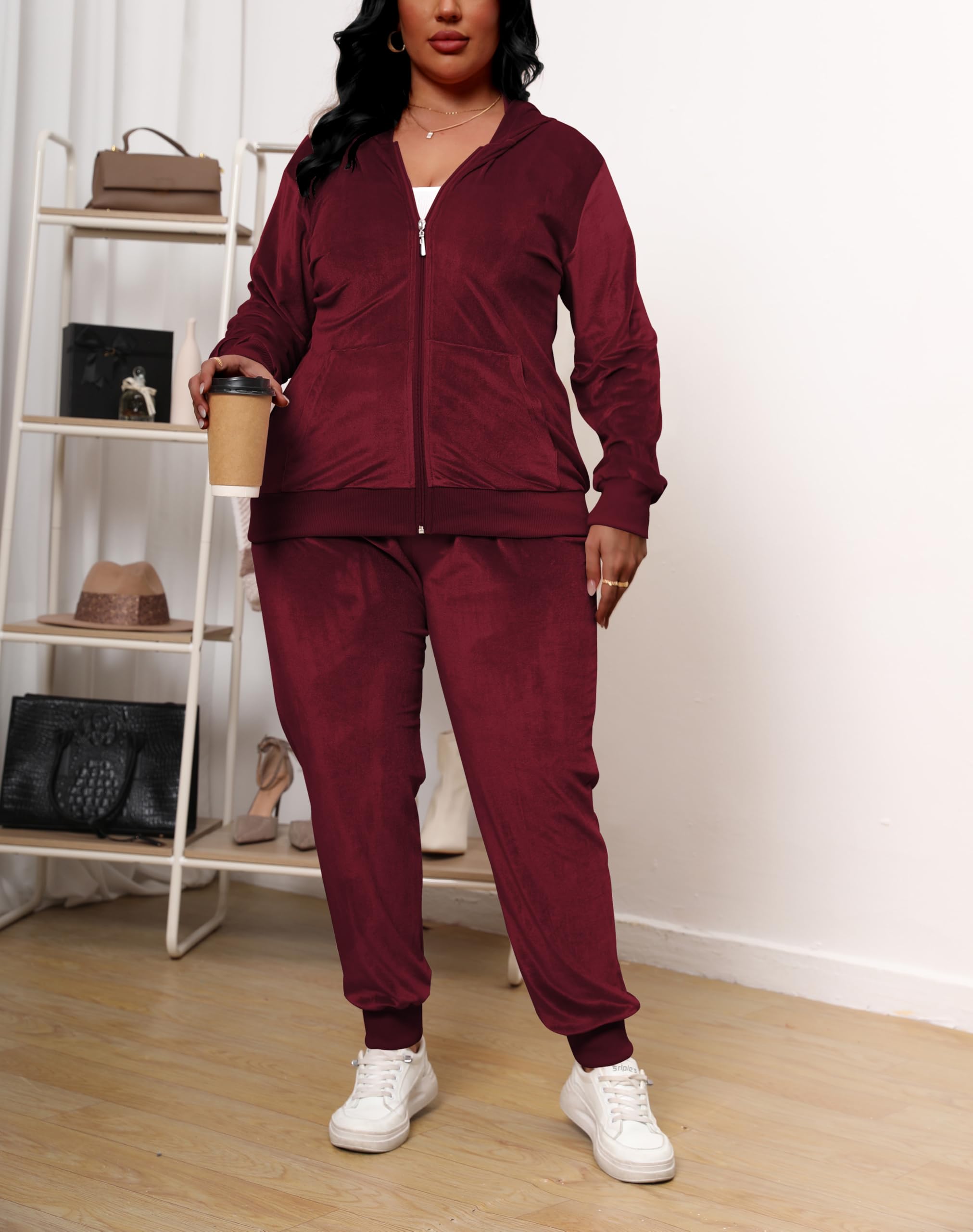 Tycorwd Conjunto deportivo de dos piezas de terciopelo para mujer, talla grande, conjunto de chándal de manga larga, Rojo vino, XXL Más