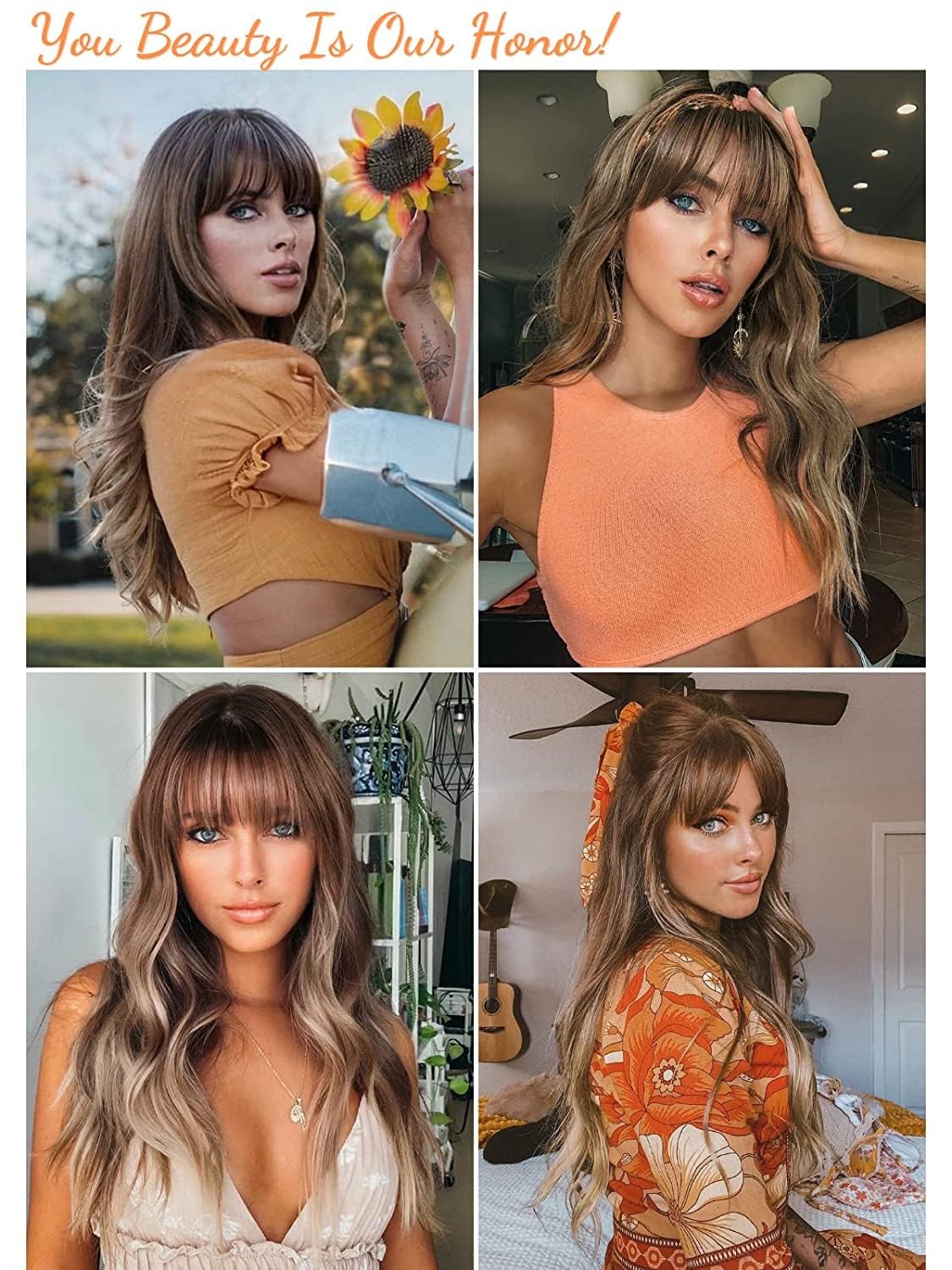 Honygebia Light Brown Wig with Bangs - Long Ombre Wavy Wigs for White Women, Ash White Synthetic Heat Resistant Hair, Natural Best Wigs for Halloween/Christmas/Cosplay/Party