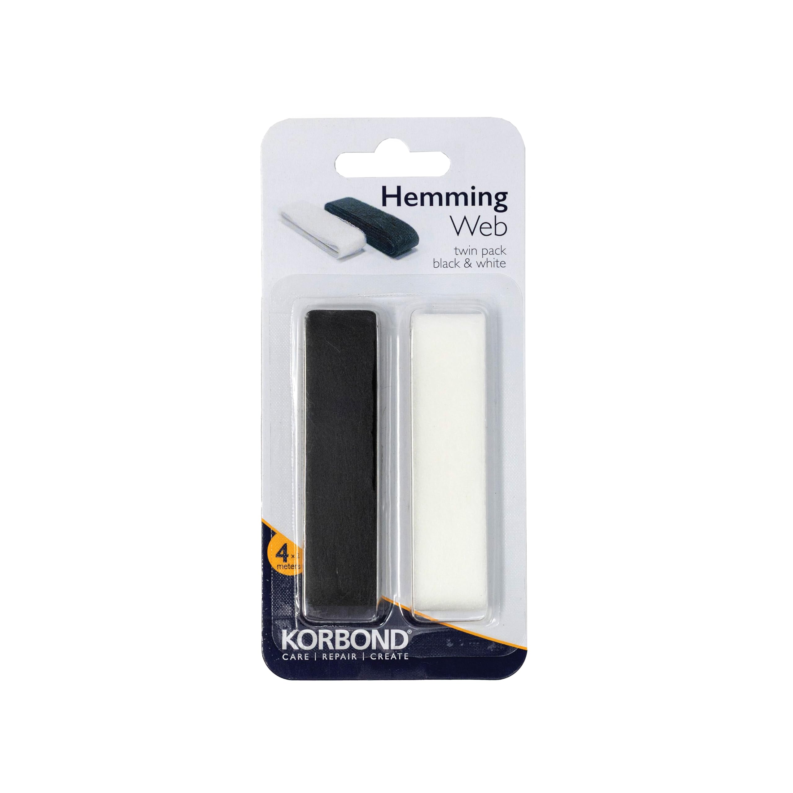 Korbond Black & White Hemming Tape - 8m x 2cm (4m Black/4m White) - Hemming Web - NO Sewing Required, Adhesive Fabric Tape: Bonding Fabric, Fabric Fusing, Applying School Badges, Turning Up Trousers