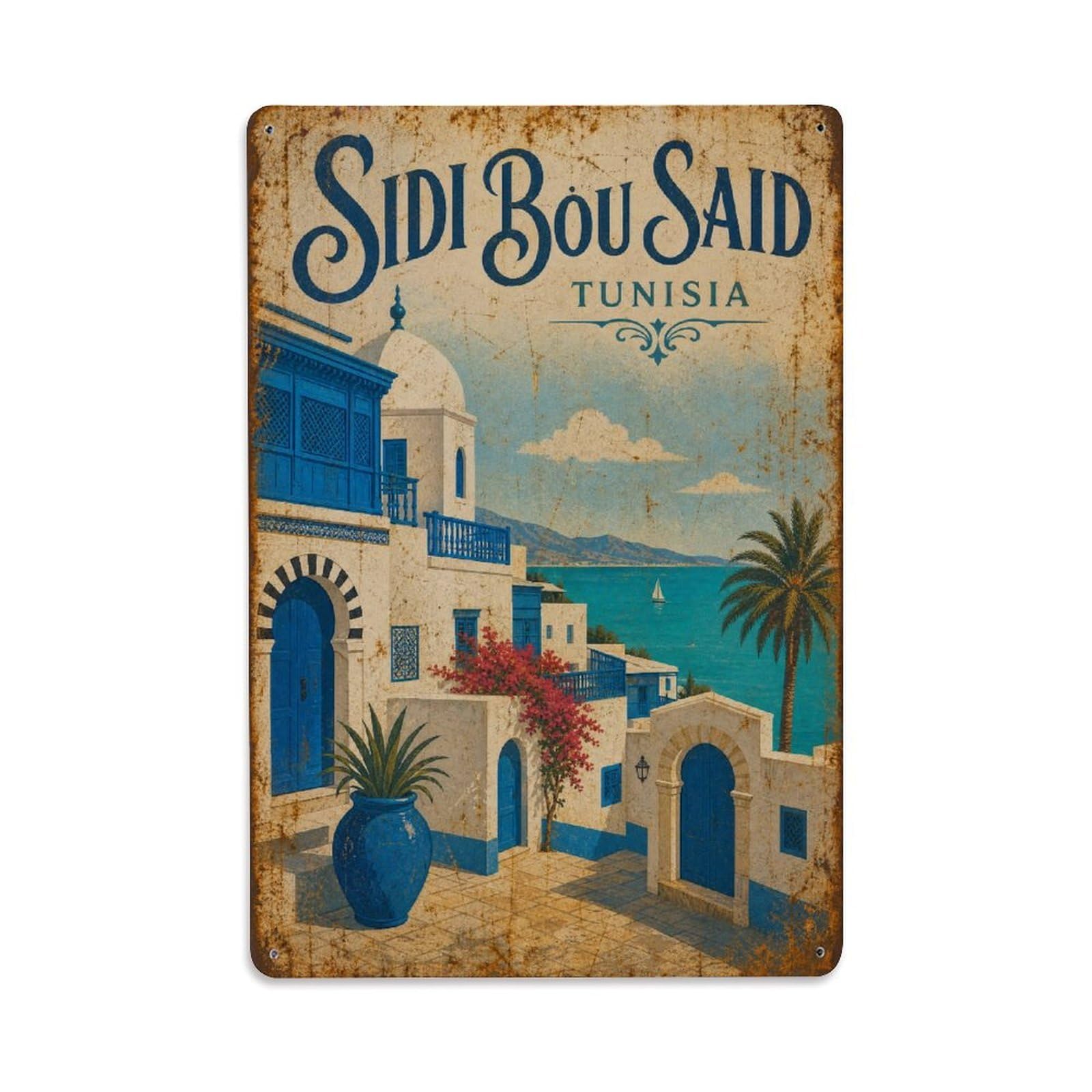 Metal Tin Sign Retro Travel Tunisia Sidi Bou Said