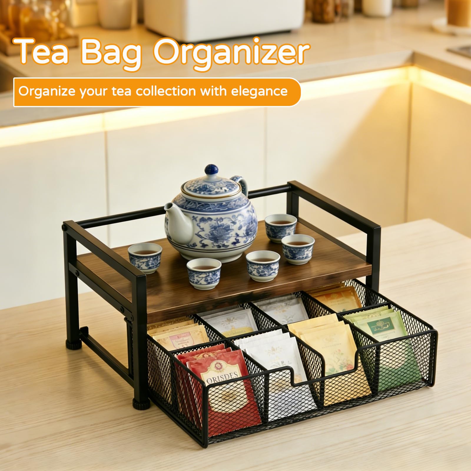 Cajón Porta Bolsitas de Té, Caja Infusiones de Madera con Cajón Metal, 33x20x15.8cm Organizador de Estación de Café y Té con 8 Compartimentos para Hogar, Oficina, Cocina