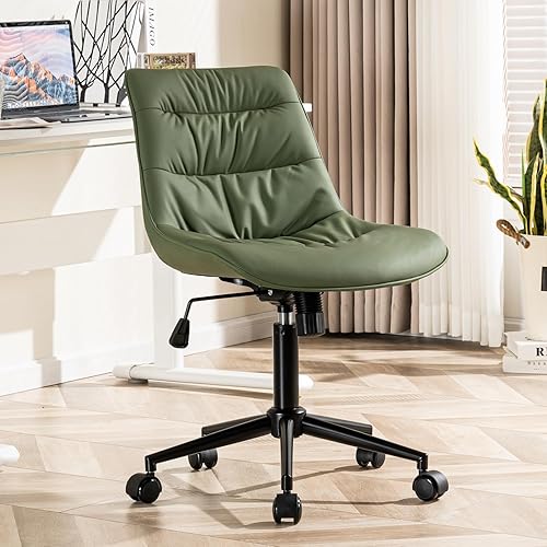 Kidol & Shellder Silla ergonómica de oficina con ruedas giratoria sin brazos, silla de escritorio de piel sintética, silla reclinable con respaldo
