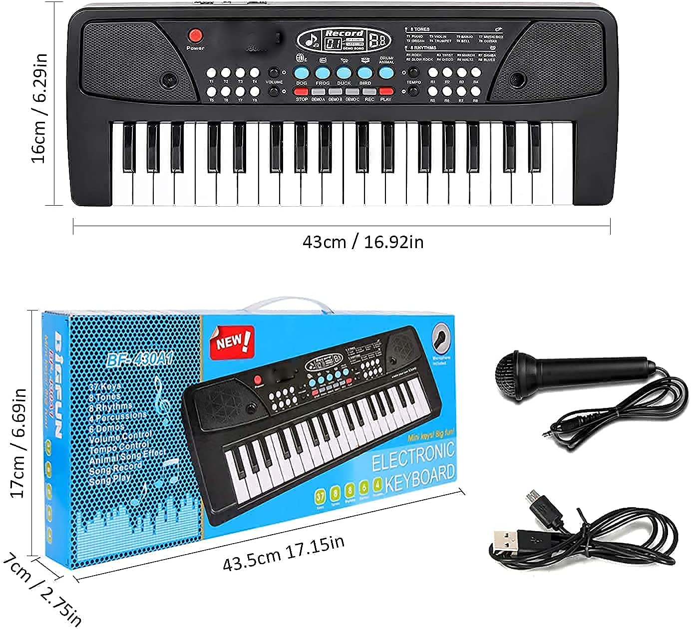 Top-down view of the keyboard showing the control panel with buttons for tones, rhythms, volume, tempo, demo songs, record, and play functions.
