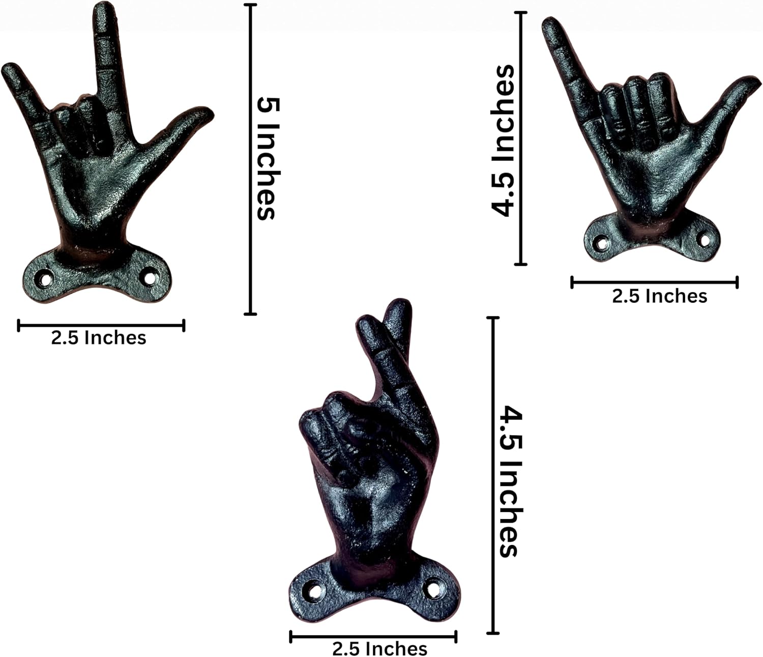 Set of 3 Hand Gesture Decorative Wall Hooks, 4 Inches High-Hang Loose-Rock On-Cross Fingers Gestures. Unique Stylish Key or Towel Hangers Backpack Hanger-Coat Hooks Home Decor for Storage (Black)