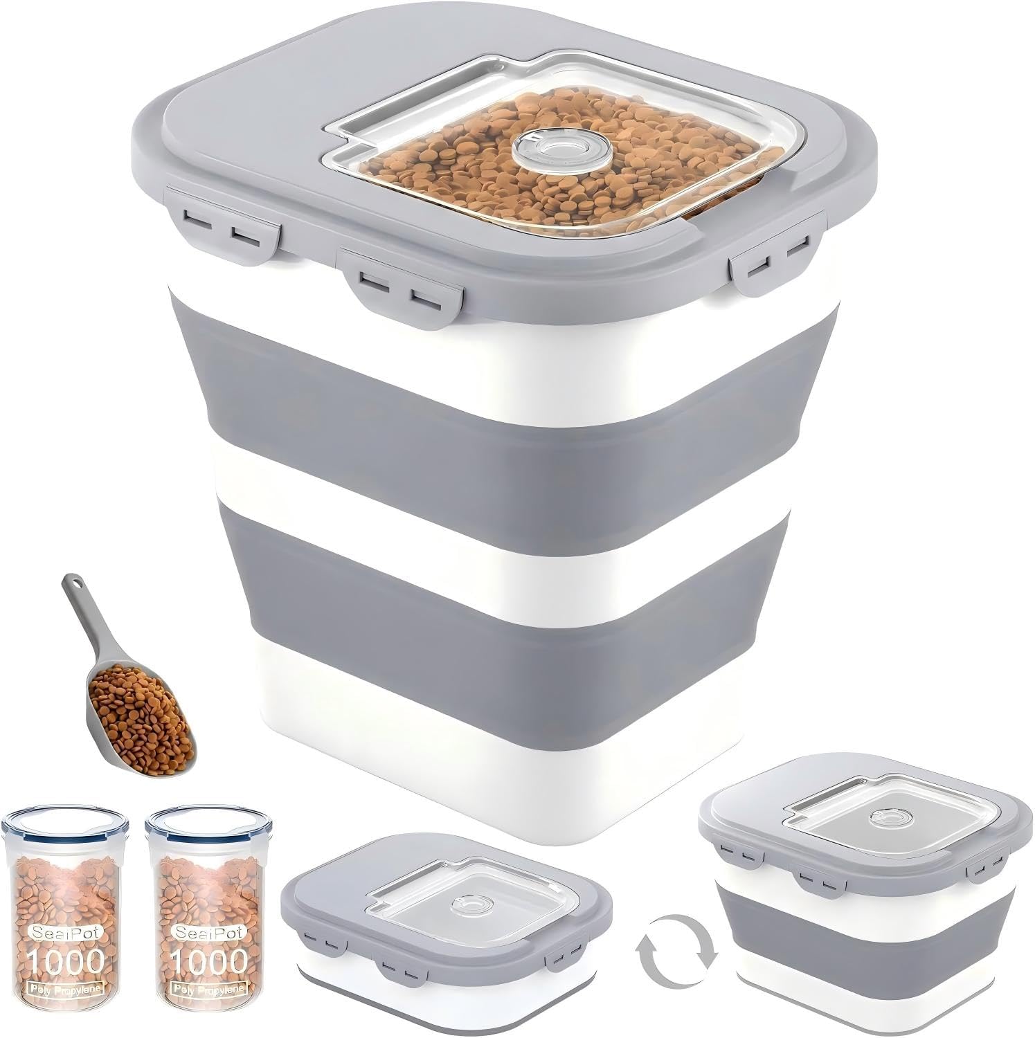 Contenedor de almacenamiento de alimentos para perros de 35 a 40 libras, contenedor plegable para alimentos para mascotas con tapas herméticas, ruedas desmontables, cuchara y 2 recipientes de