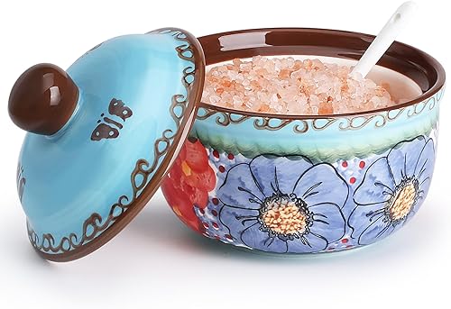 Miniatura 11 de Silesia Tazón de Azúcar Hecho a Mano con Tapa y Cuchara, Tarro de Azúcar de Cerámica Pintado a Mano de 10 Onzas para Cocina en Caja de Regalo, Rosa