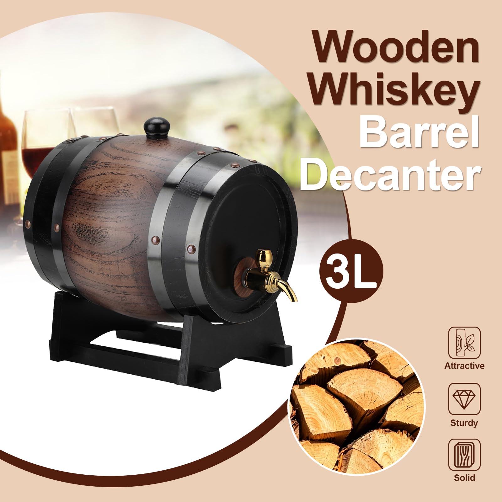 Holz Whiskyfass 3 Liter Vintage Eiche Weinfass mit Zapfhahn und Stand, Oak Whiskey Fass Spender für Wein, Bier, Rum, Spirituosen, Gin, Bourbon, Tequila