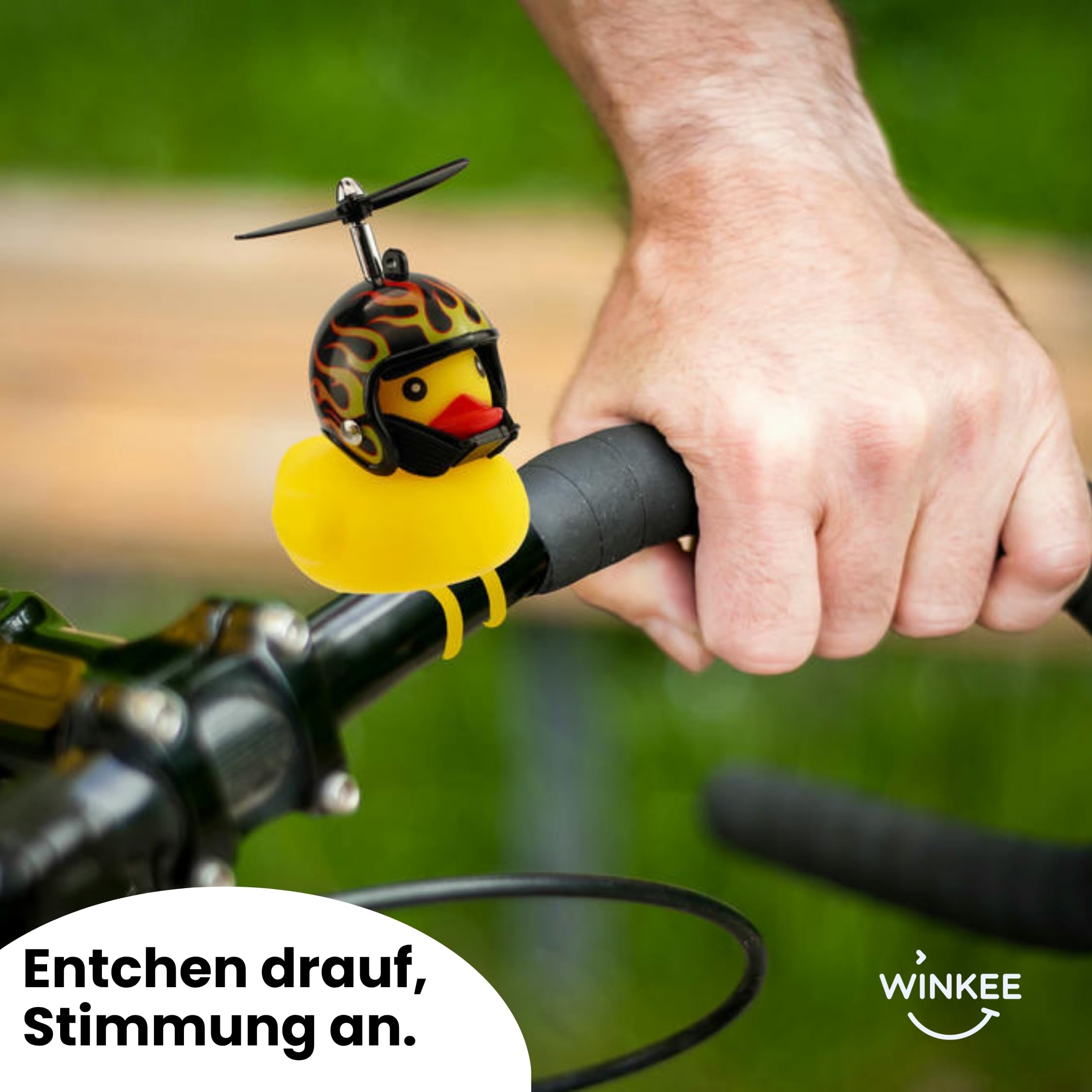 Winkee - Bicycle Squeaky Duck with Helmet | The Cute Bicycle Horn with Helmet and Propeller | Squeaky Duck Bicycle - for Children | Duck with Helmet | Rubber Bike Decoration