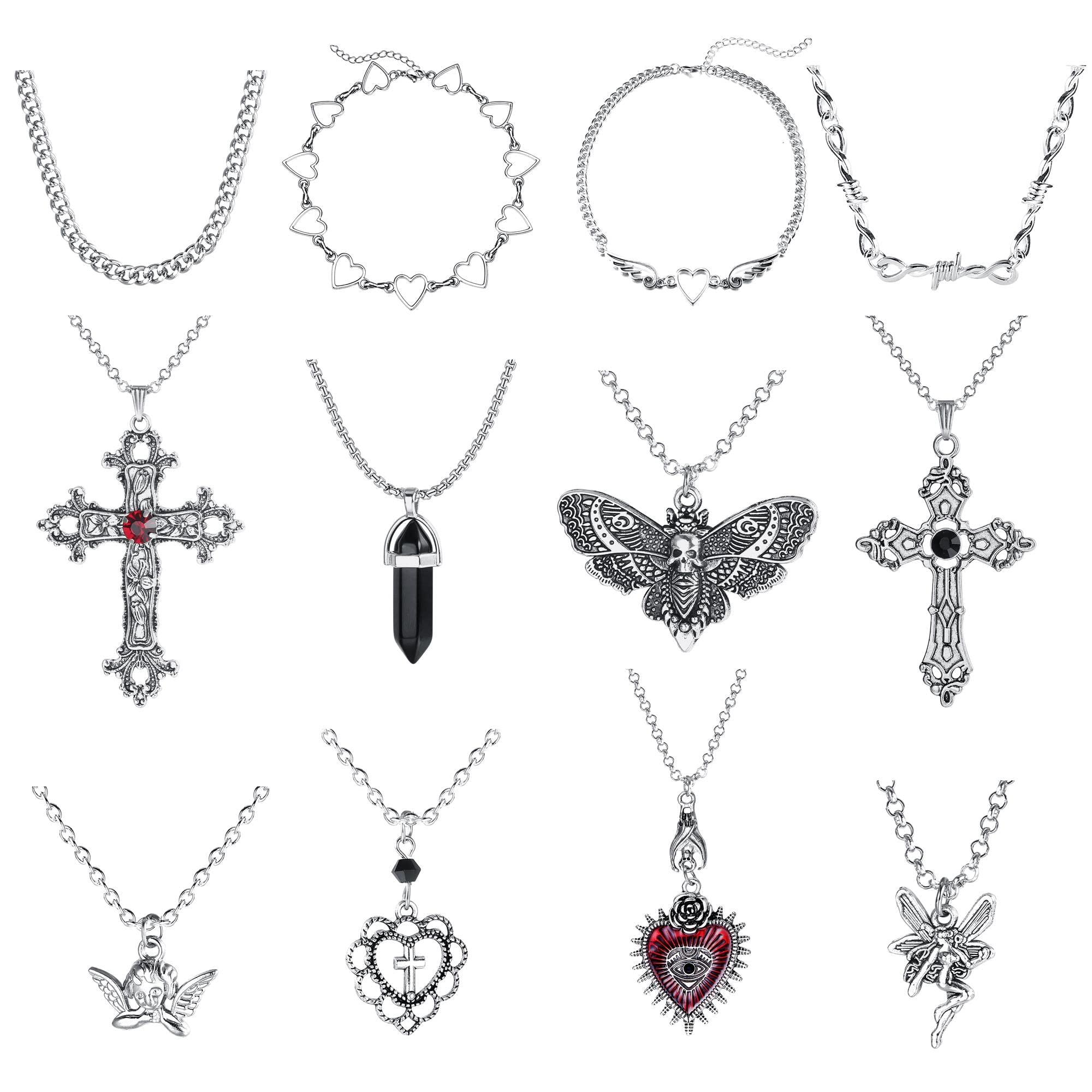 JeryWe12Pcs Grunge Gothic Necklace Set for Women Teen Cool Y2k Grunge Jewelry Gothic Cross Evil Eye Butterfly Crystal Angel Heart Wing Chain Choker Necklace Y2k Accessories