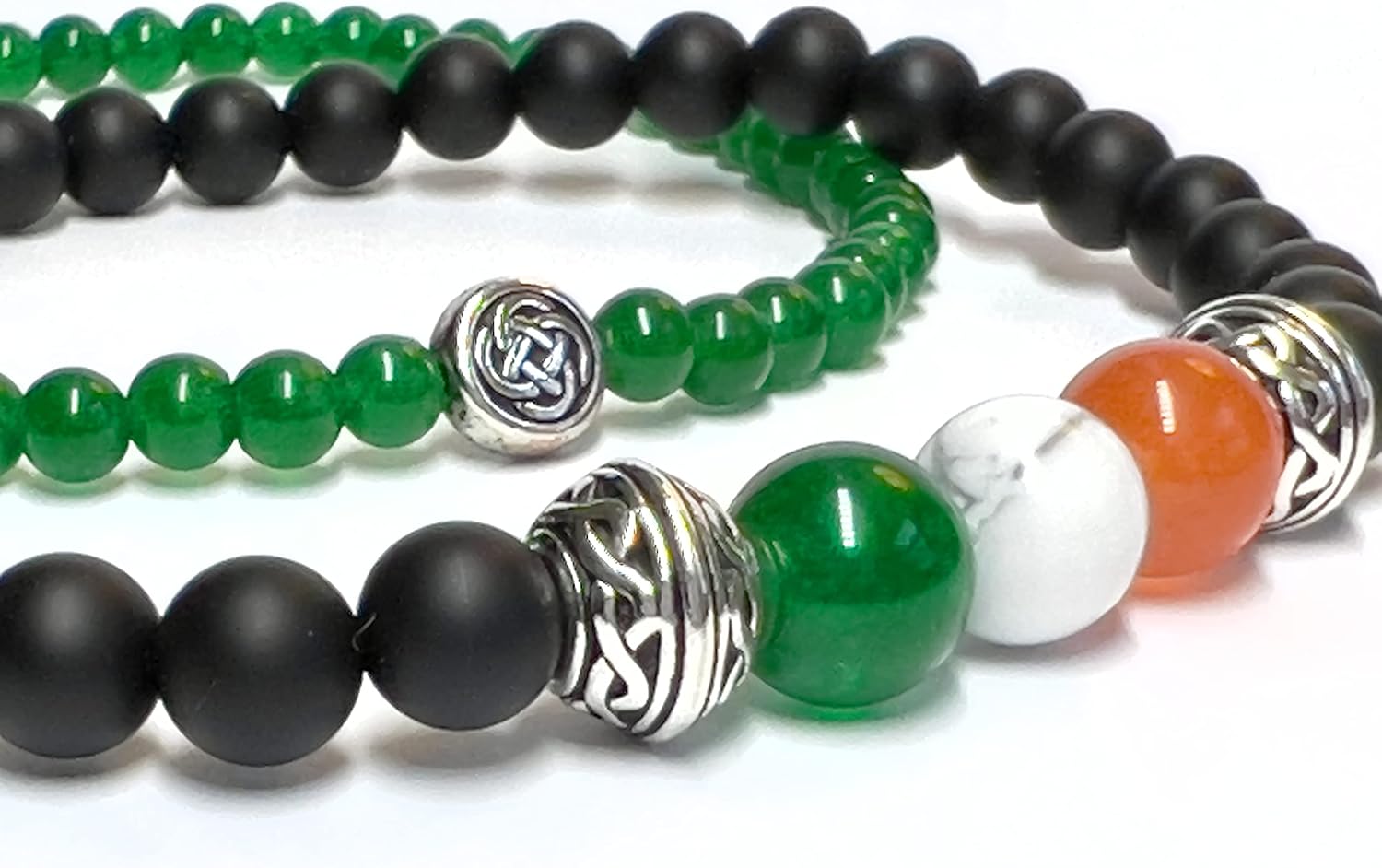 Irish Flag Bracelet - 6mm or 8mm Gemstone Beads - Optional Coordinating Celtic Knot Bracelet - Onyx Jade Hematite Bracelet Set - Custom Sized