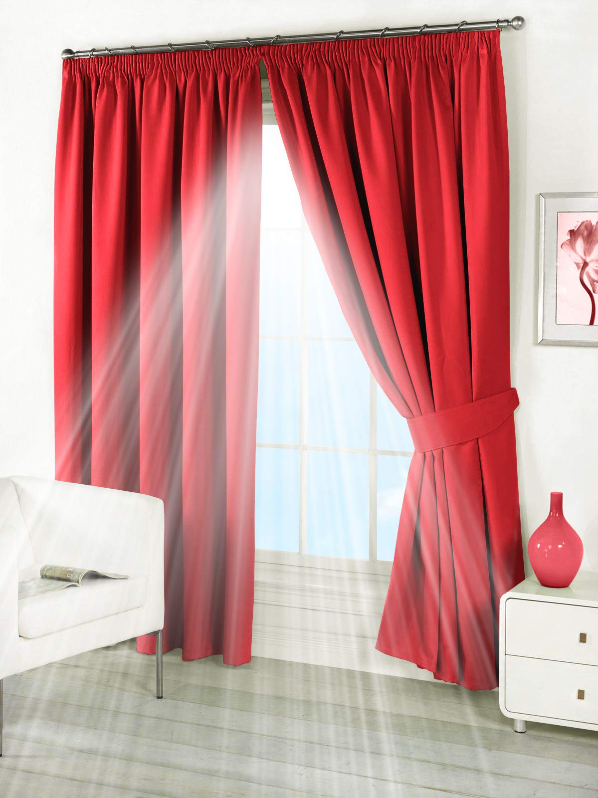 Viceroy Bedding Red Pair Of 66" Width X 108" Drop, Supersoft Thermal Blackout Pencil Pleat Tape Top Curtains Including Pair Of Matching Tie Backs, 'Winter Warm But Summer Cool