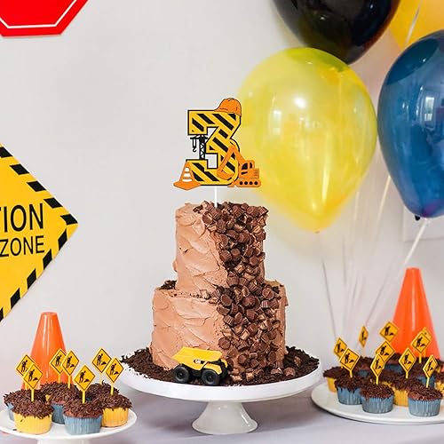 Miniatura 5 de Decoración para pastel de tercer cumpleaños de construcción para niños, niños, niñas, camión, excavadora, montacargas, bulldozer, rodillos de