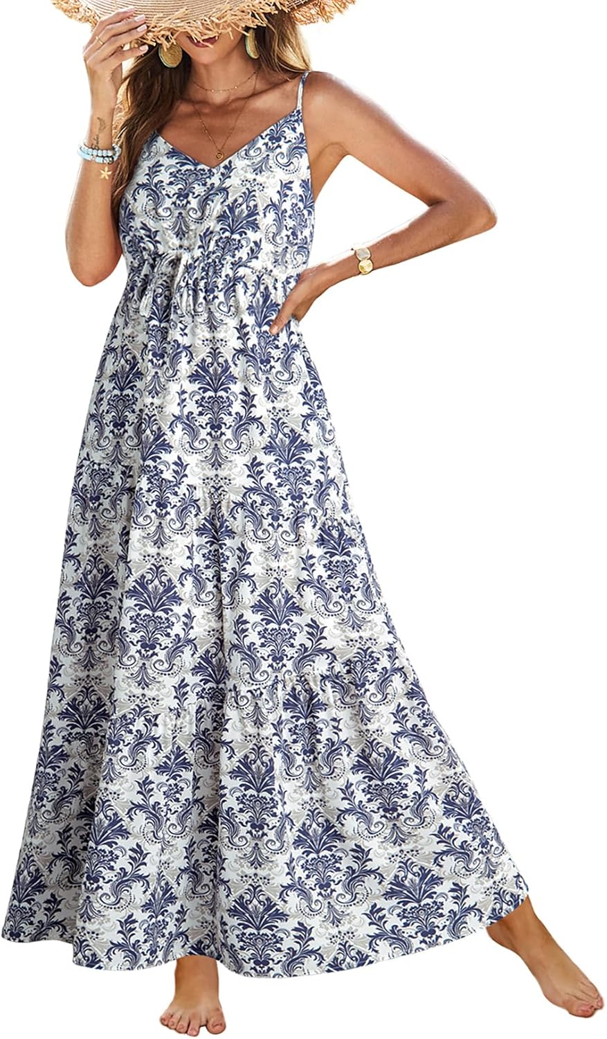 Dokotoo Summer Dress Casual Womens Boho Dress Sleeveless Printed Long Tiered Maxi Dress Beach Dress 2025