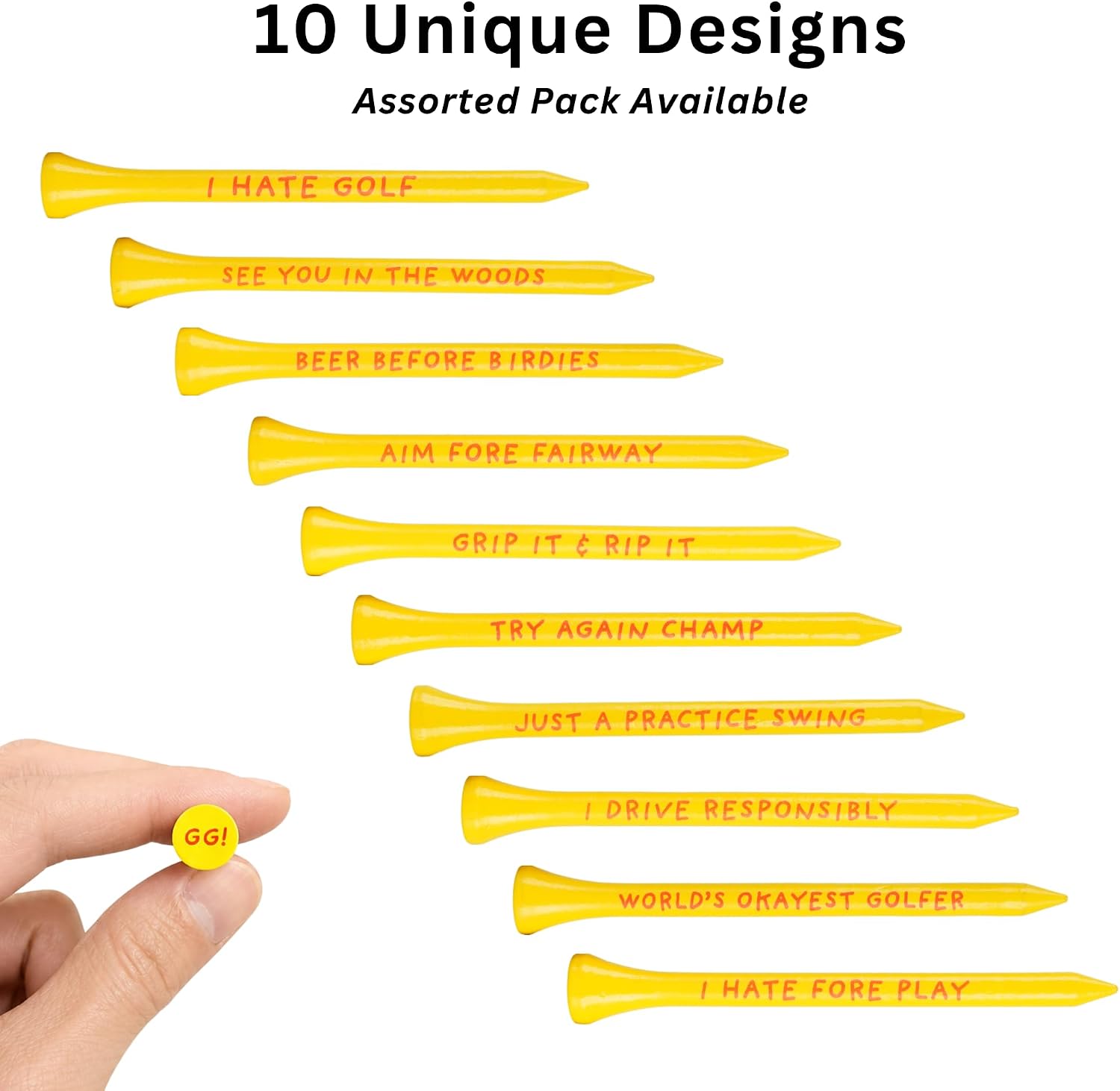 Funny Golf Tees, Novelty Golf Tee Gift Set, Bamboo 3 1/4" Tees with Hilarious Golf Jokes, Bright Yellow, Golf Gifts for Dad, Grandpa, Husband & Friends