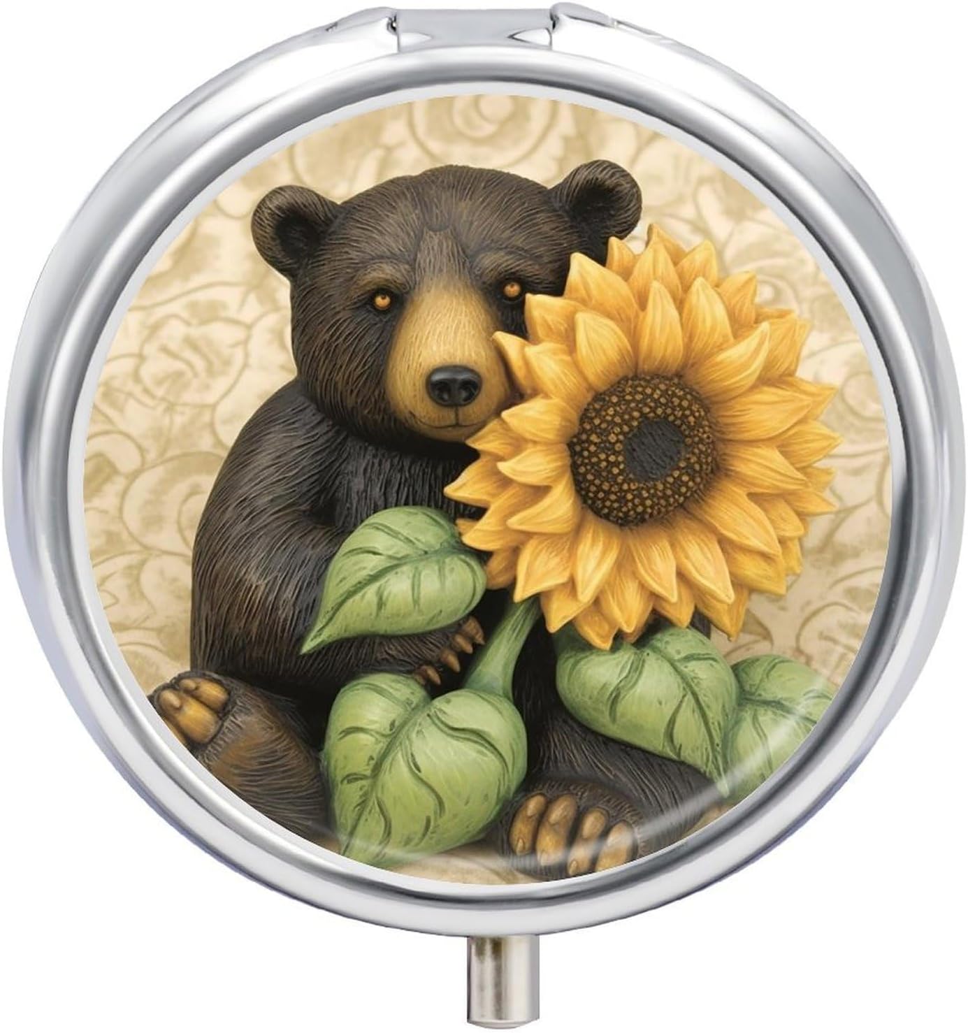 Sunflower and Bear Pill Box 3 Compartment Waterproof Pill Case with Mirror Portable for Purse Pocket Daily Medicine Vitamin Organizer Travel Med Container Holder for Fish Oil Supplements