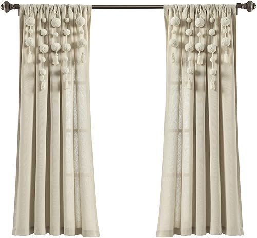 Miniatura 9 de Lush Decor Panel de cortina de lino con borlas bohemias con pompones (panel individual), 63 pulgadas de largo x 52 pulgadas de ancho, lino oscuro