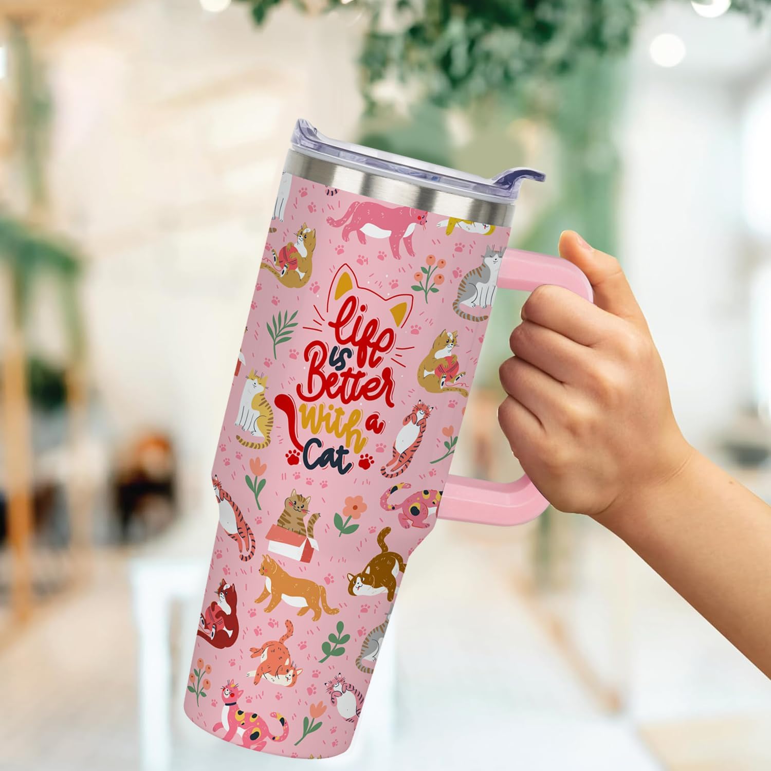 40 oz Cat Cup Tumbler with Handle Lid and Straw, Cat Themed Lover Gifts for Women, Cute Tumblers for Women, Pink - Image 2