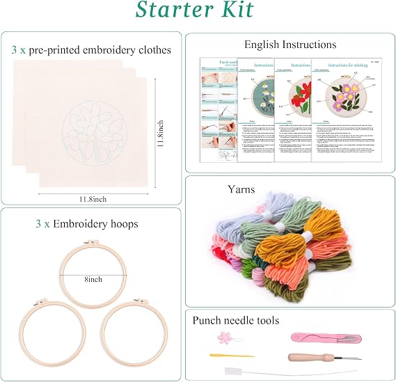 Harimau 3 Pack Punch Needle Embroidery Starter Kits for Beginner, Punch Needle Fabric with Pattern,Threader, Yarns,Pinch Needle and Embroidery Hoops for Rug-Punch