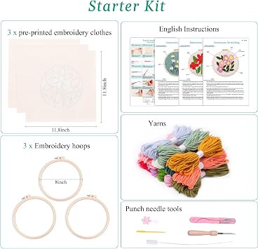Harimau 3 Pack Punch Needle Embroidery Starter Kits for Beginner, Punch Needle Fabric with Pattern,Threader, Yarns,Pinch Needle and Embroidery Hoops for Rug-Punch