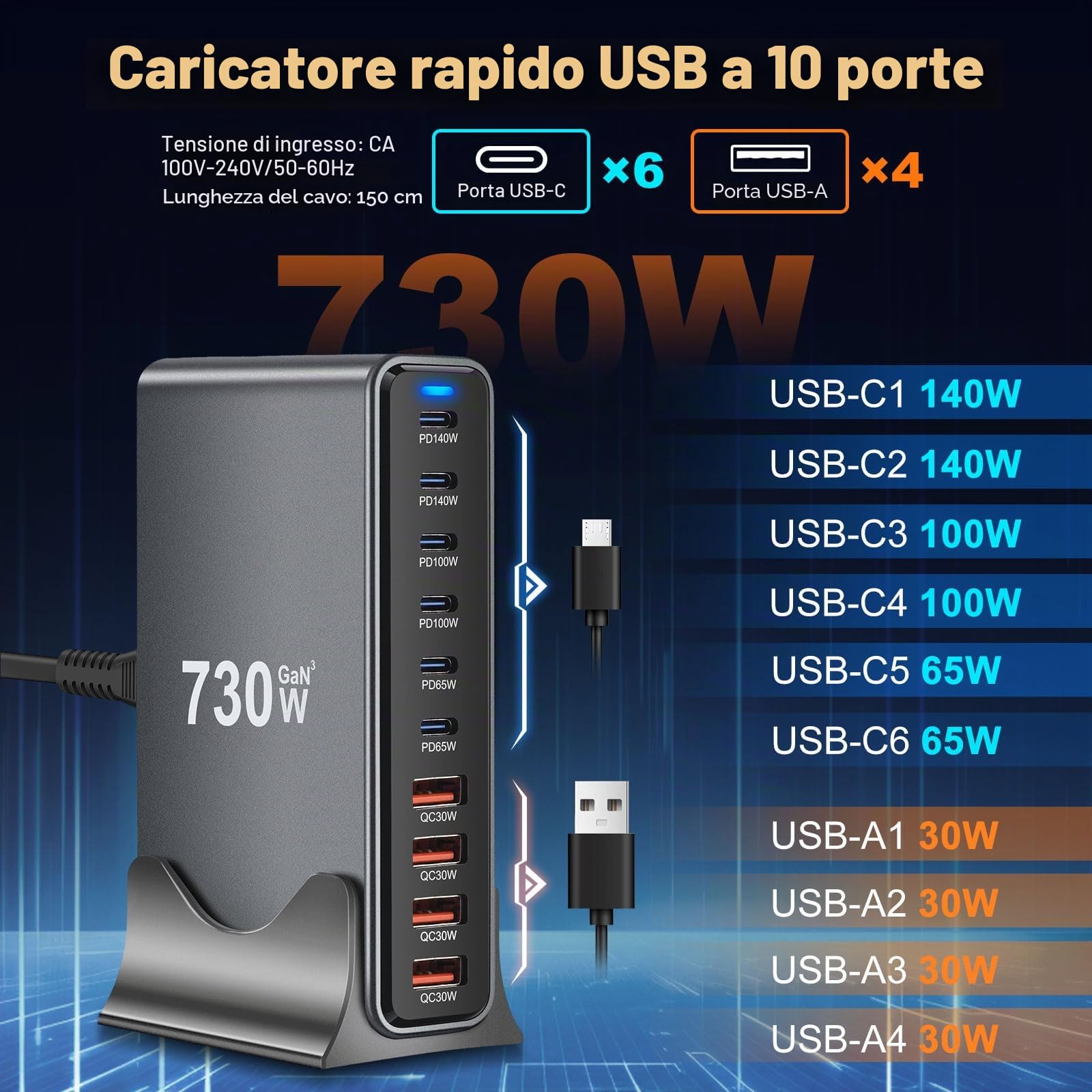 Caricatore Usb C Da 730 W, Multiuso 10 Porte, Ricarica Rapida Con Alimentatore Di Rete Da 6 C E 4 A Per Macbook Pro/Air, Ipad Pro/Air, Sumsung Ecc