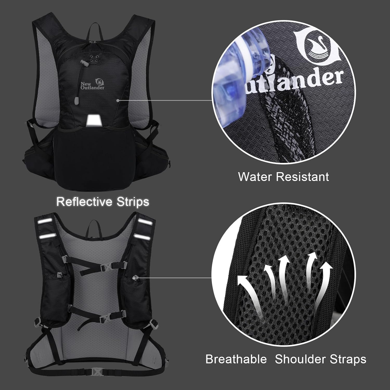 12L Small Hiking Backpack with Chest Strap for Men Women, Large Waterproof Running Pack with Phone Pocket, Mini Lightweight Cycling Backpack with Helmet Buckle & Waist Strap, Black