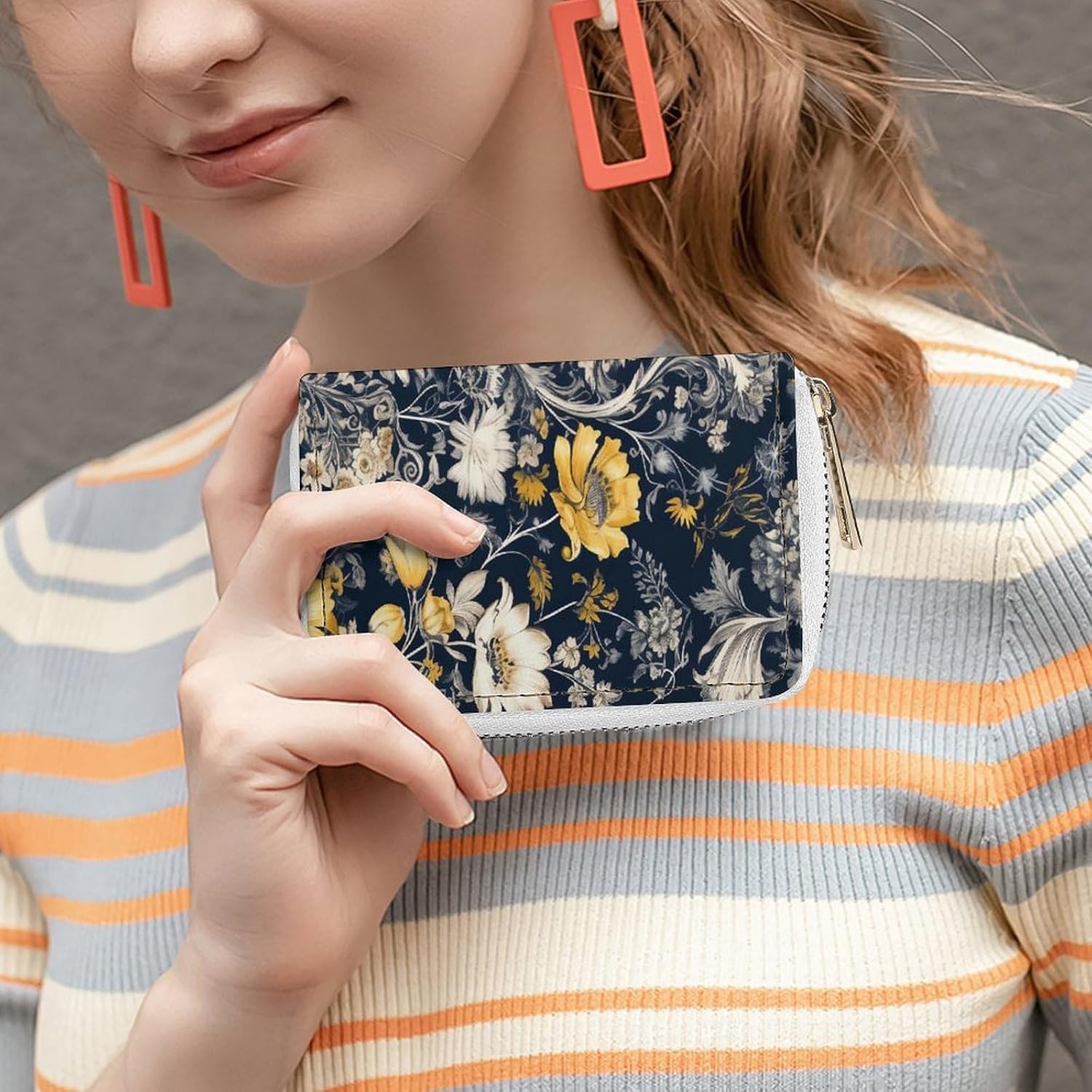 Leather Card Organizer Case Card Wallet Credit Card Holder With Floral Pattern Printed Zipper Card Cases Holder for Women Men