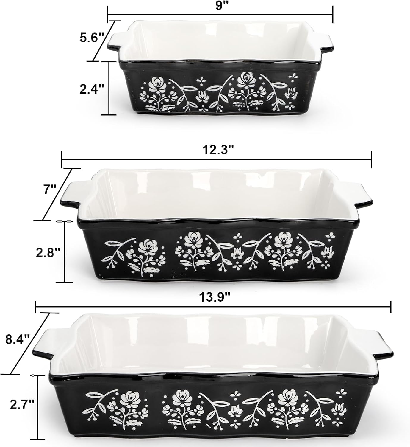 Bekith Casserole Dishes for Oven, Ceramic Baking Dishes with Handles, Ceramic Bakeware Set of 3, Rectangular Lasagna Pan Deep for Baking Cake Kitchen, Black (9"/12.3"/13.9")