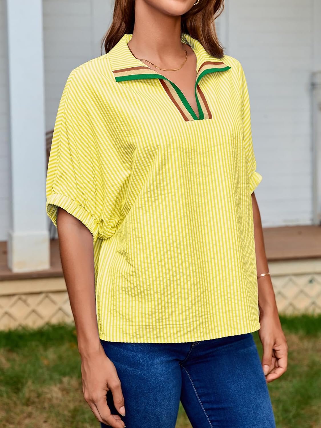 Tankaneo Womens V Neck Striped Blouse Oversized Dolman Sleeve Tops Summer Casual Loose Fit Polo Shirts - Image 3